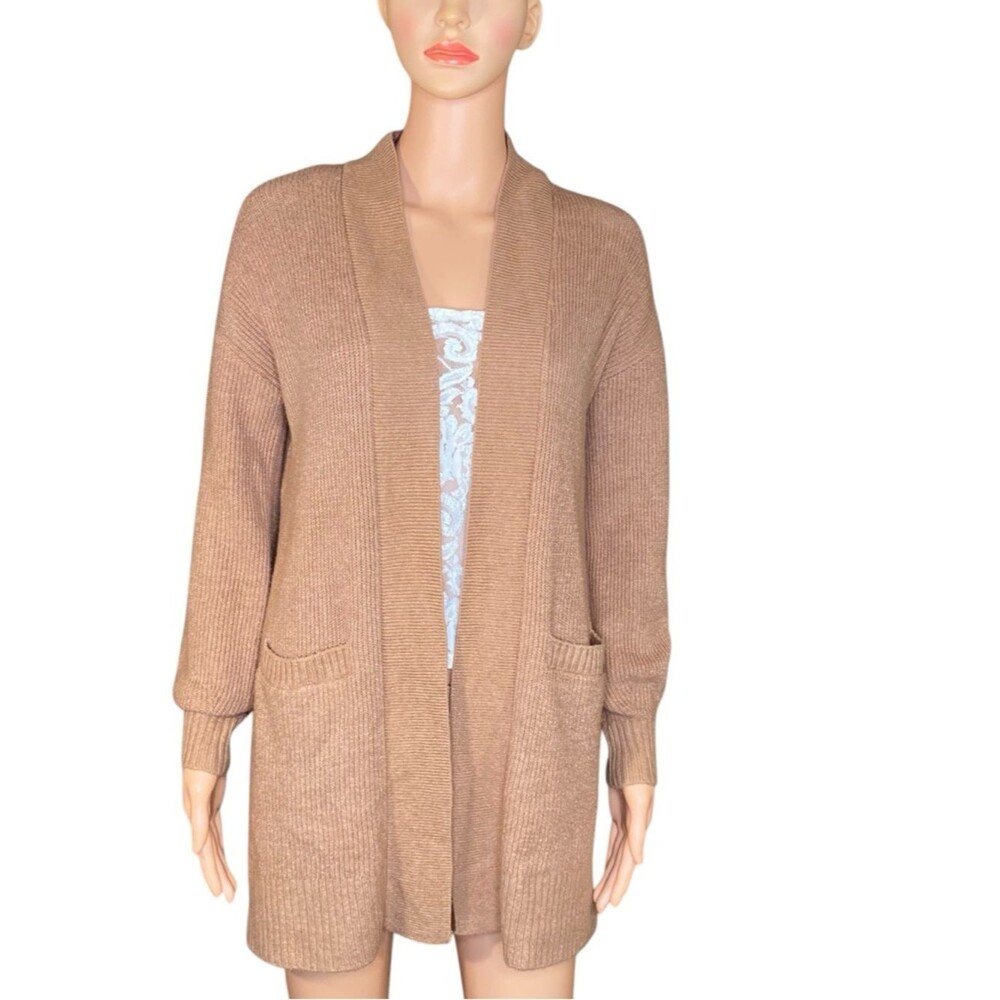 Loft Open Front Cardigan Camel Sweater Ribbed Knit Material Cozy Warm SZ SP